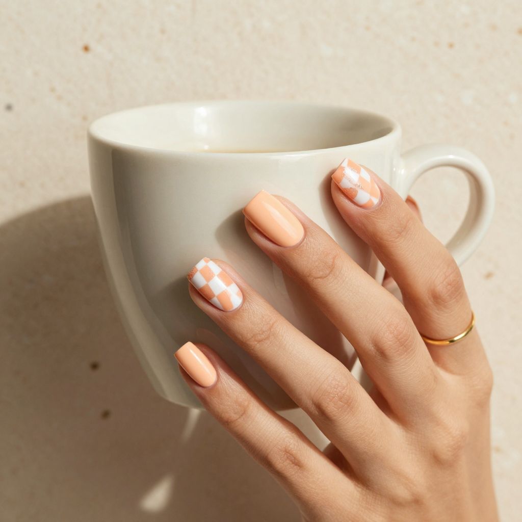 Peach and white checkerboard nails