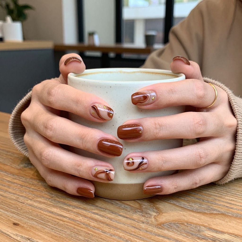 Chocolate brown marble swirl nails