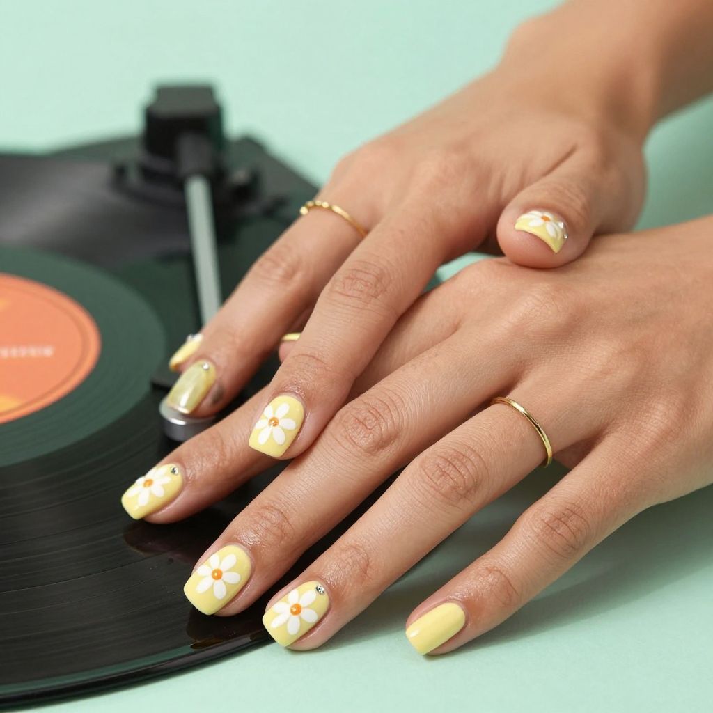 Pastel yellow nails with white daisy flowers