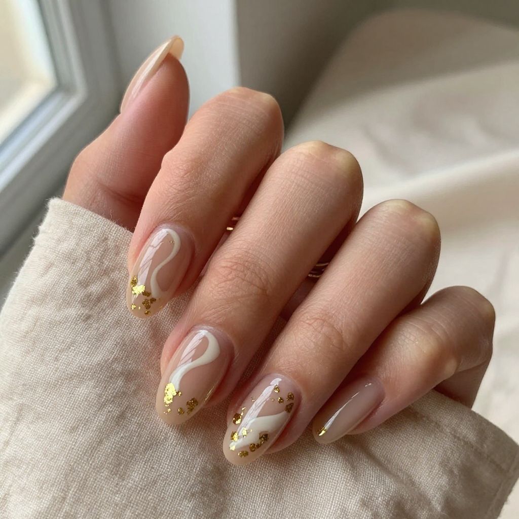 Nude swirl nail art with tan and cream waves