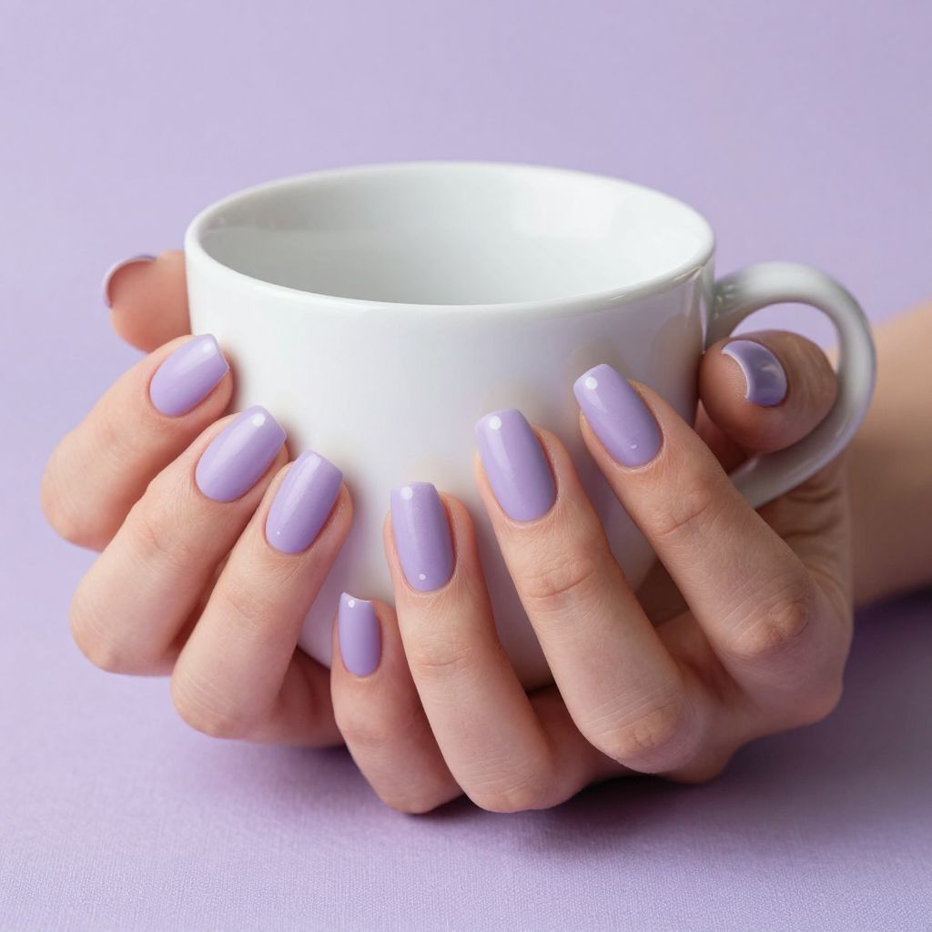 Lavender nails with tiny white dot accent