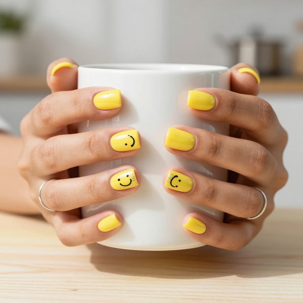 Yellow nails with black smiley faces
