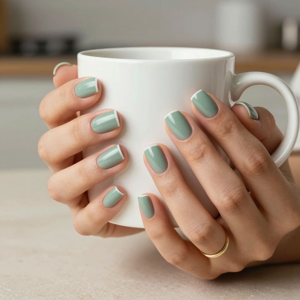 Sage green nails with thin white tip line