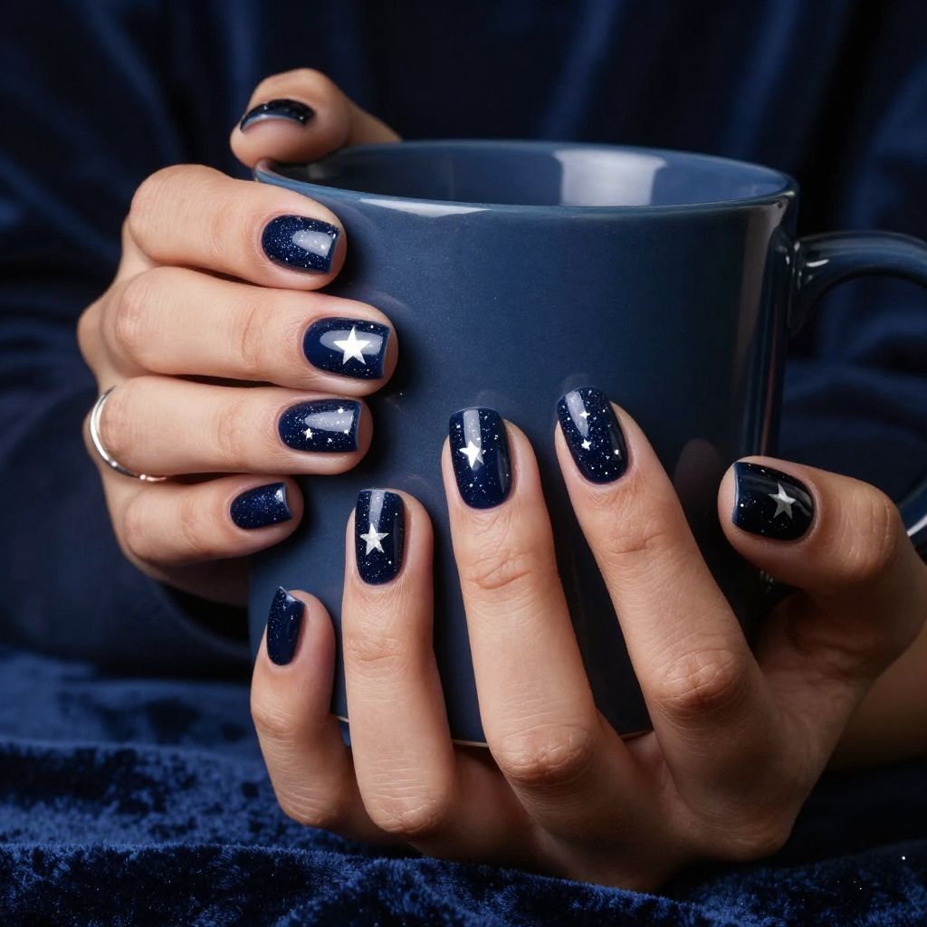 Navy nails with silver glitter like stars