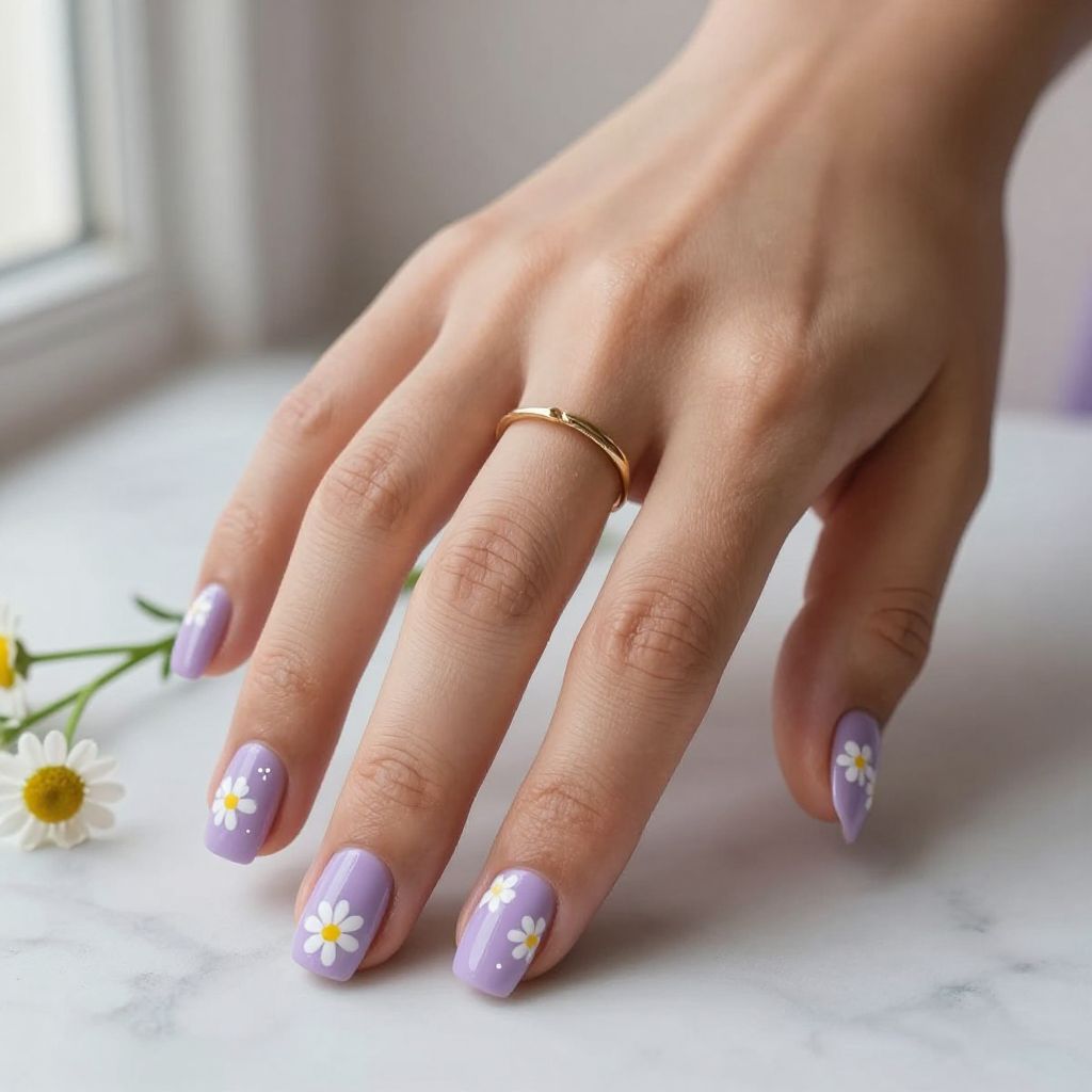 Cute Square Nail Ideas - Lilac Square Nails with Daisy Art
