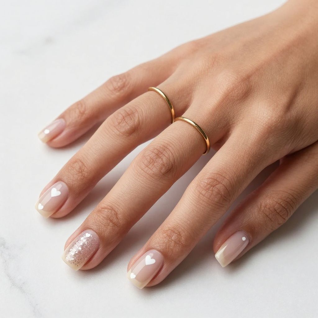 Cute Square Nail Ideas - Nude Square Nails with Tiny Hearts
