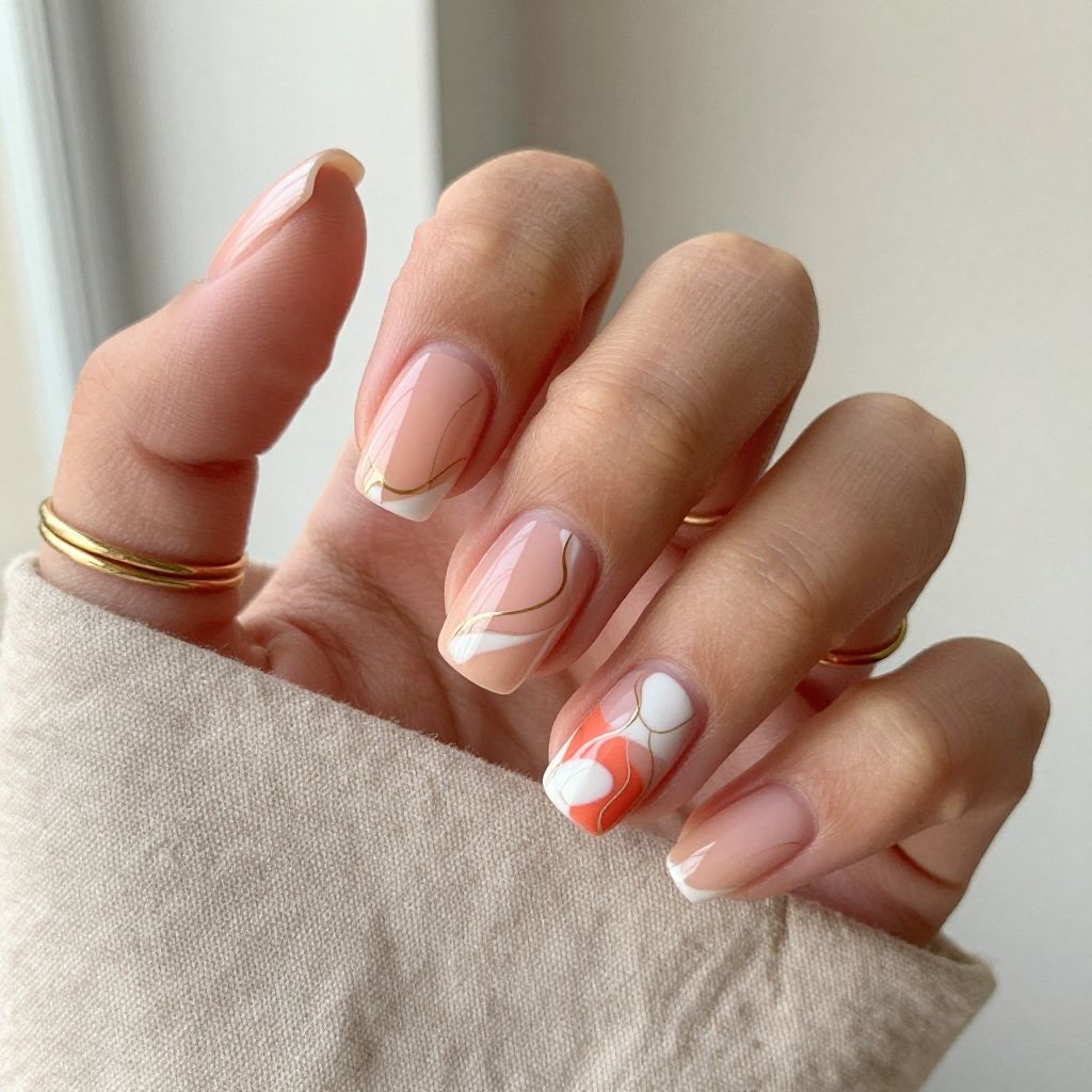 Cute Square Nail Ideas - Peach Square Nails with Abstract Swirls