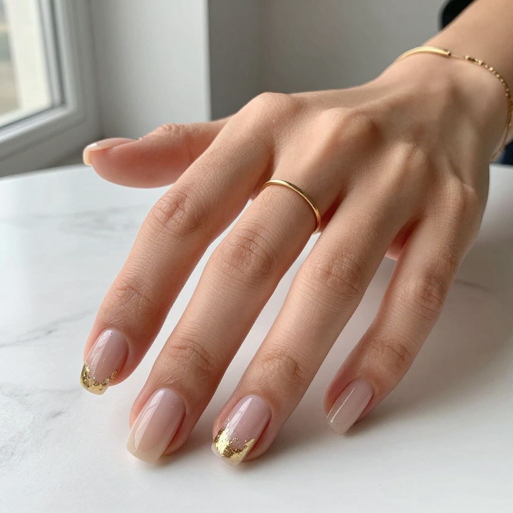 Cute Square Nail Ideas - Sheer Nude Square Nails with Gold Foil