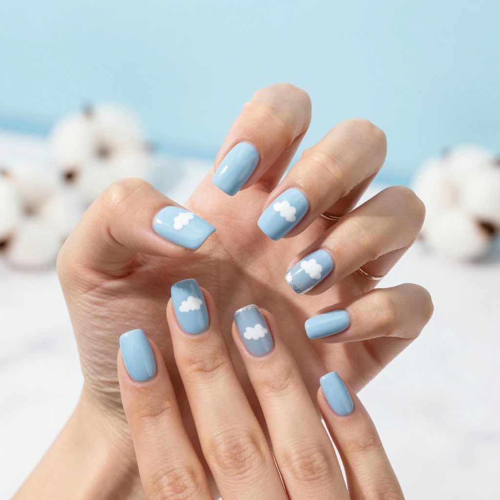 Cute Square Nail Ideas - Baby Blue Square Nails with Cloud Art