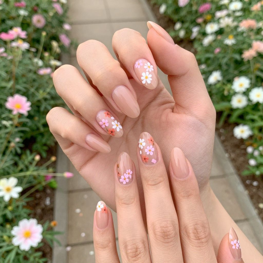 Cute Toe Nail Designs peachy nude with delicate flower accents idea