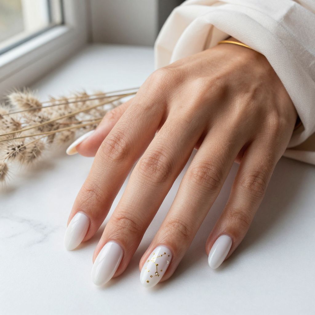 White Nails with Minimalist Zodiac Symbols