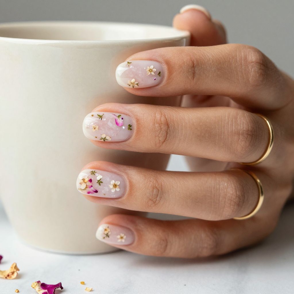 Soft White Nails with Pressed Flowers