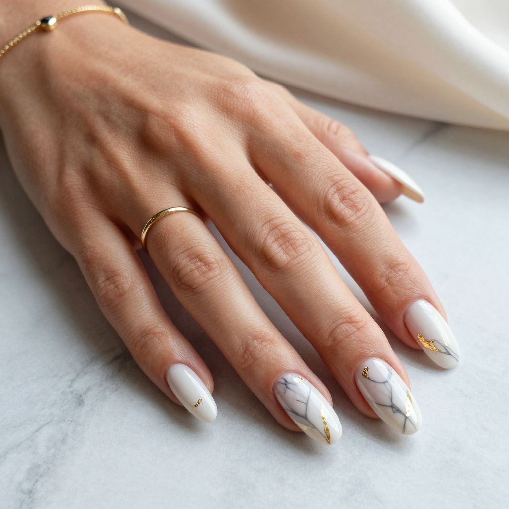 White Marble Nails with Gold Accents