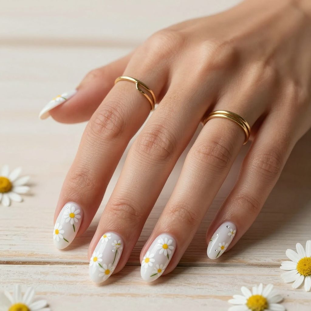 Cute Daisy Chain White Nails