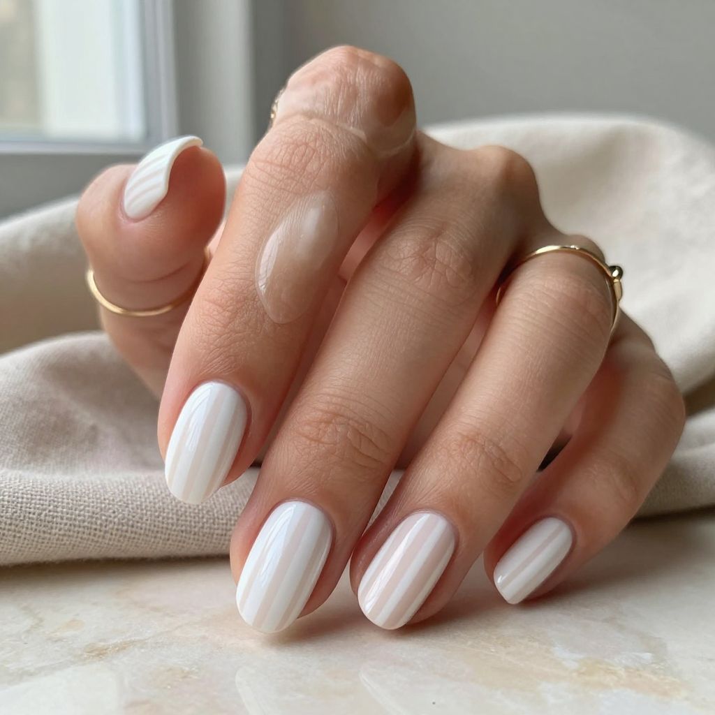 Crisp White Nails with Nude Art Stripes