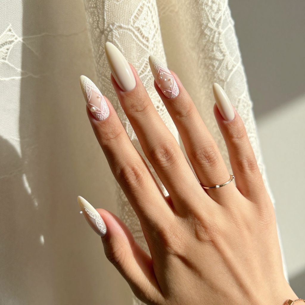 White Nails with Delicate Lace Details
