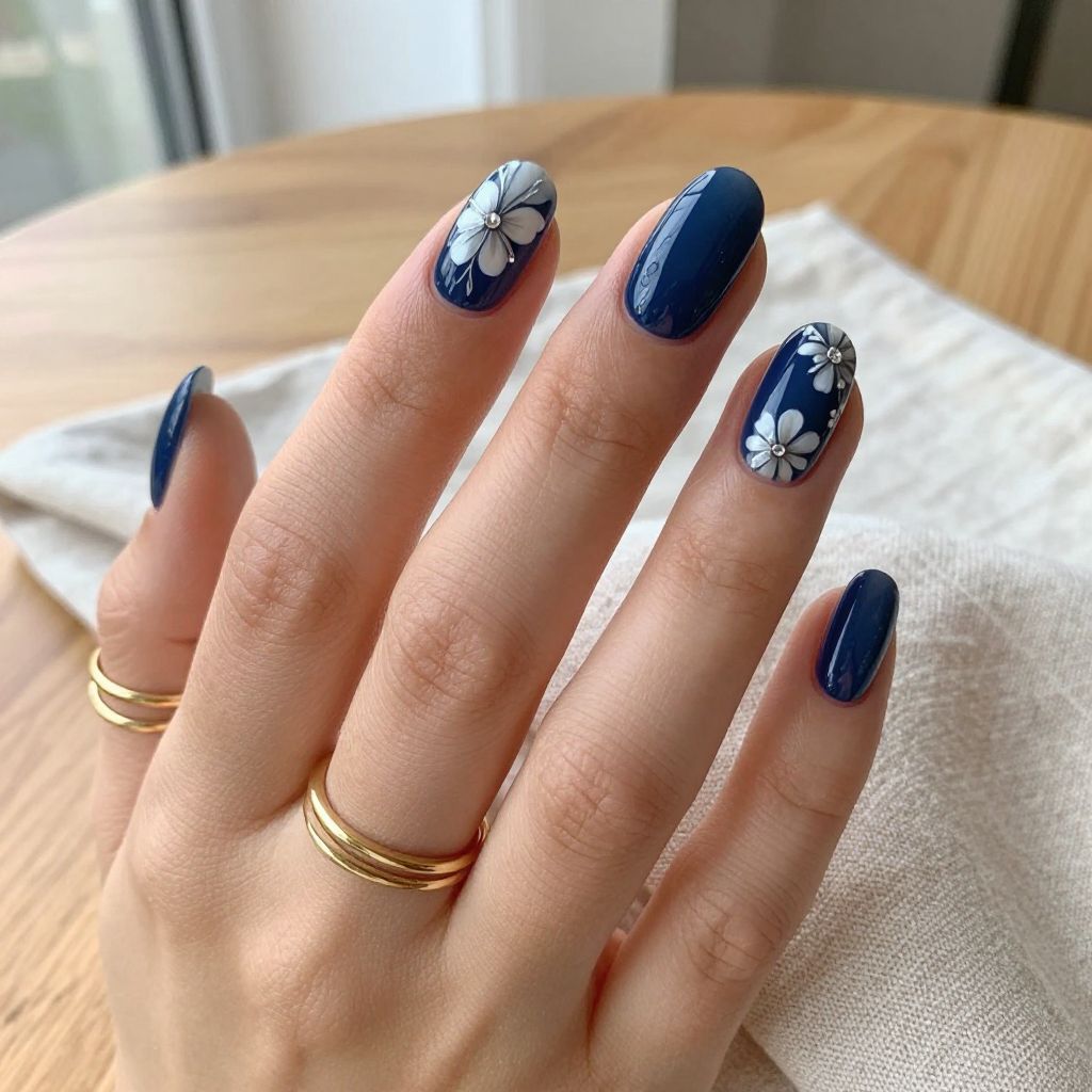 Dark Blue Floral Accent Nails