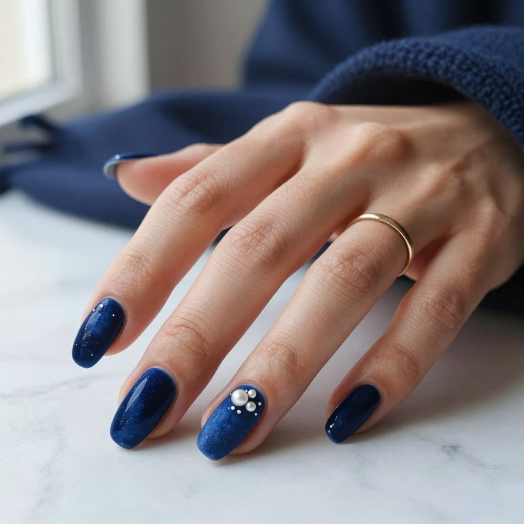 Navy Blue Velvet With Pearl Accents
