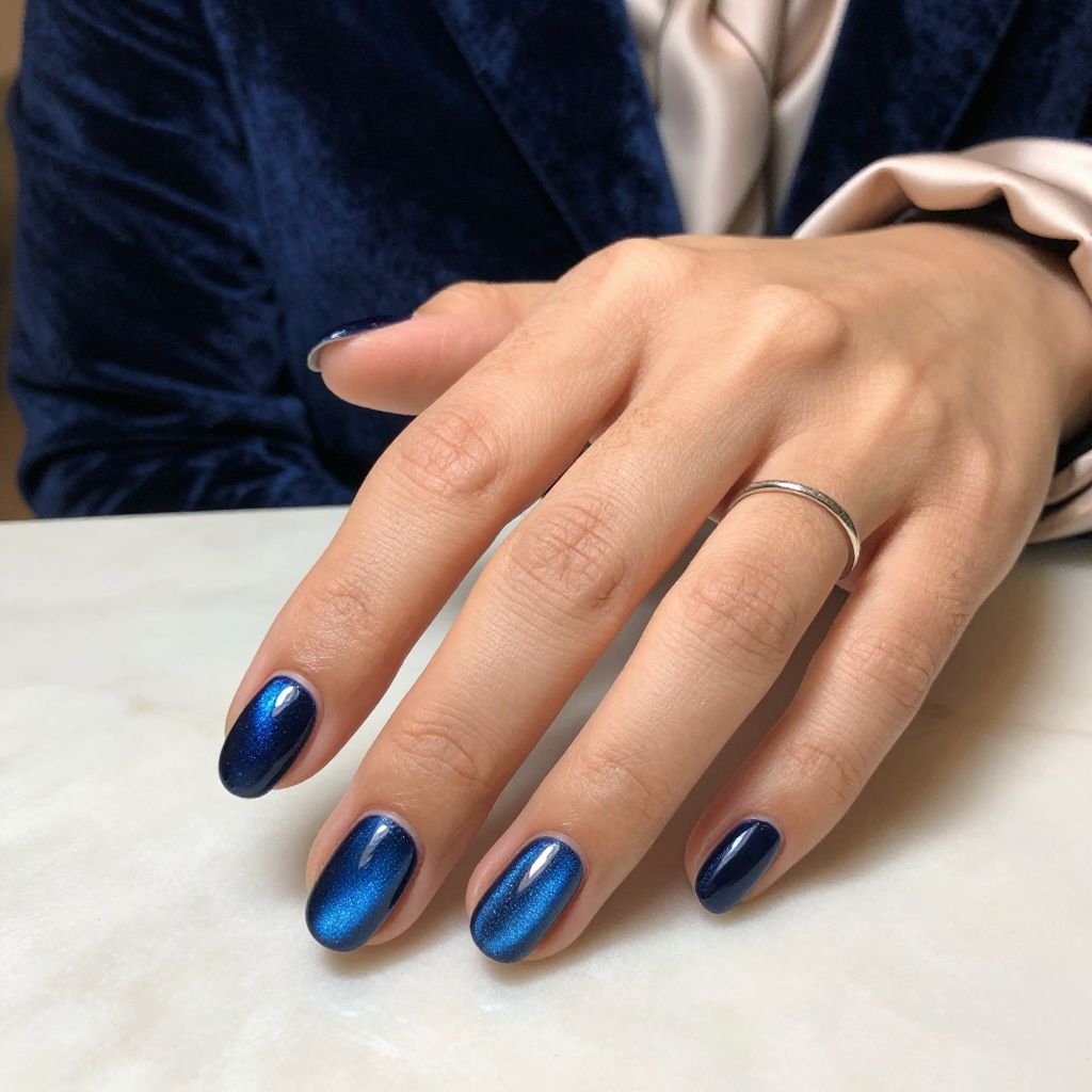Navy Velvet Cat Eye Nails