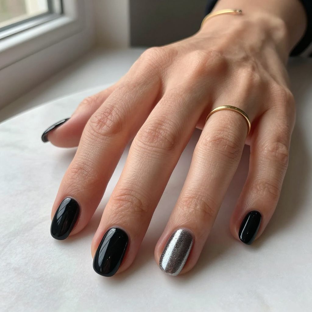 Glossy Black Almond Nails