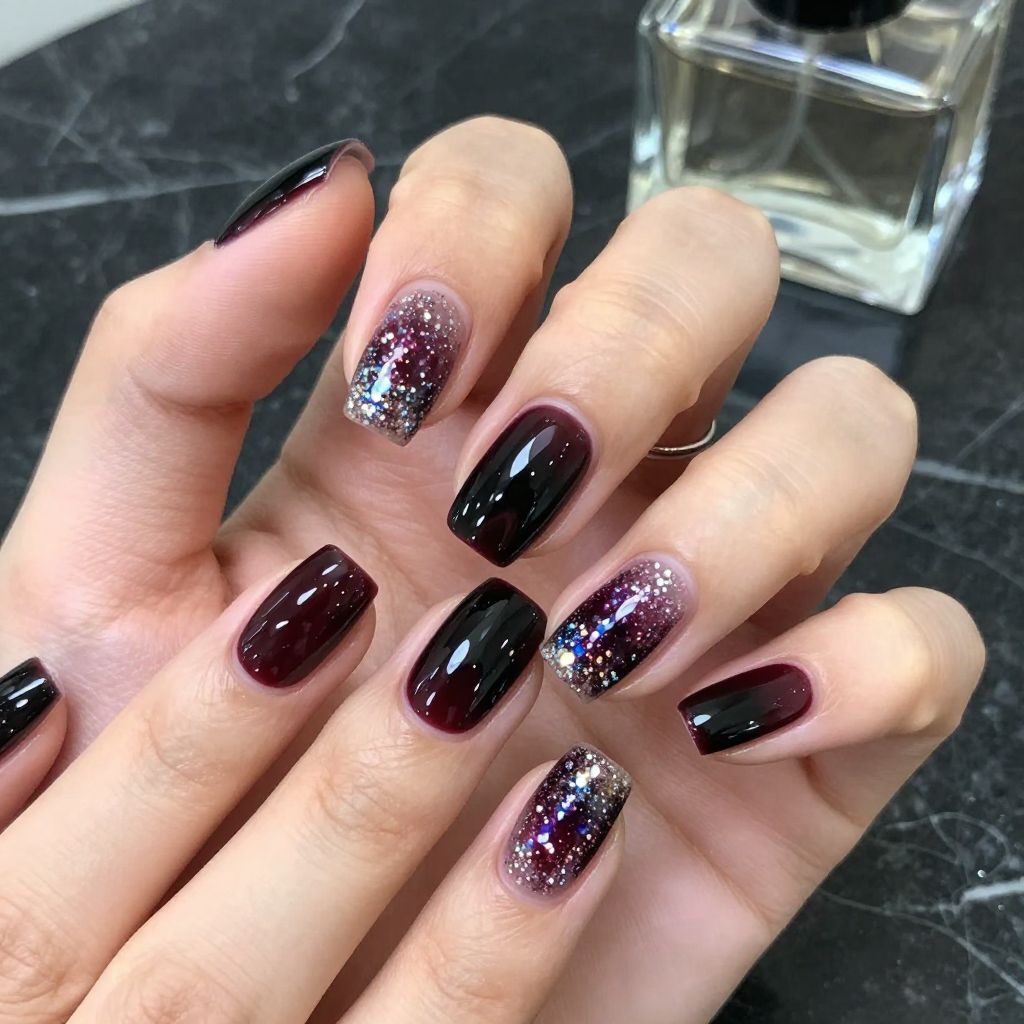 Black cherry glitter sandwich dark red nails