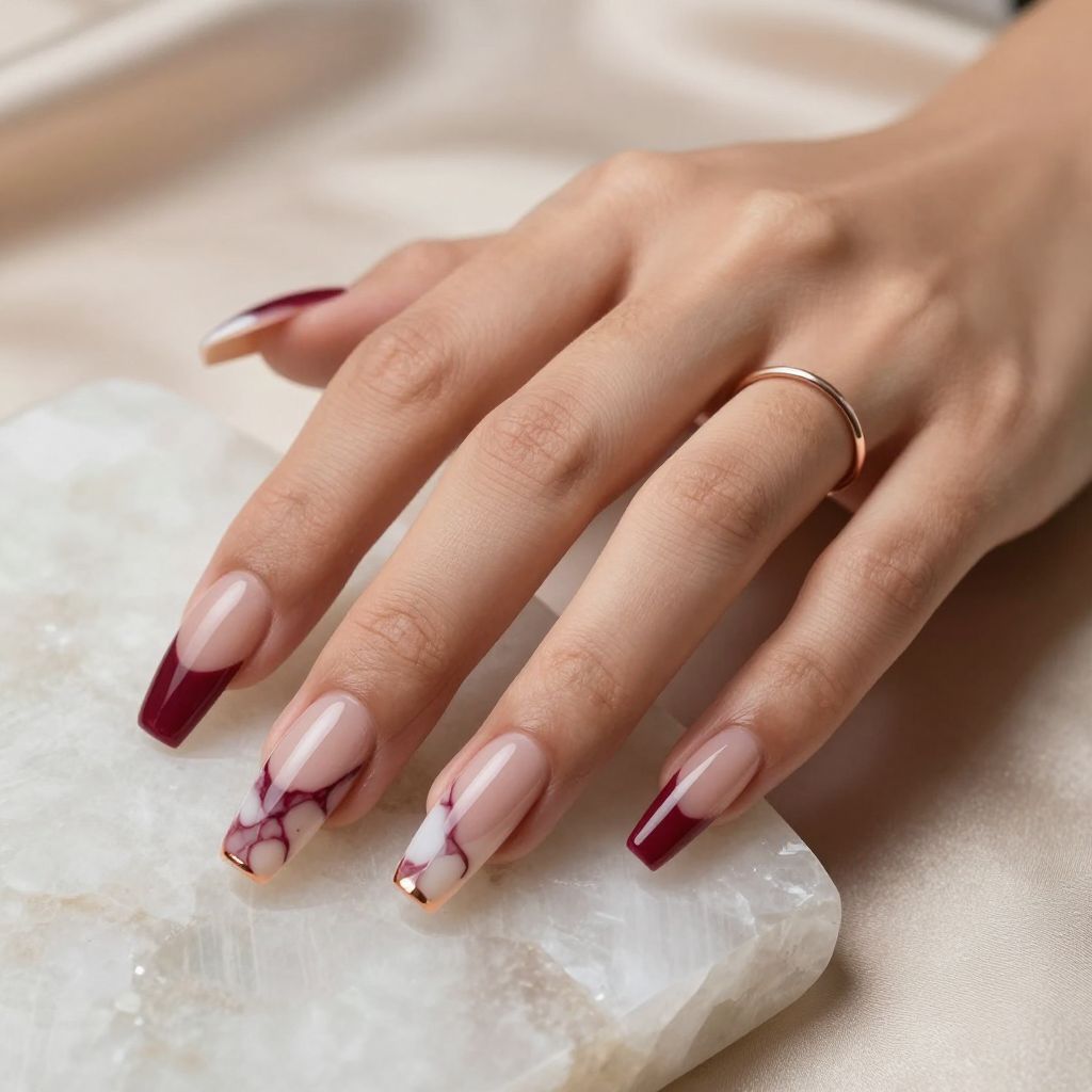 Berry marble tips dark red nails