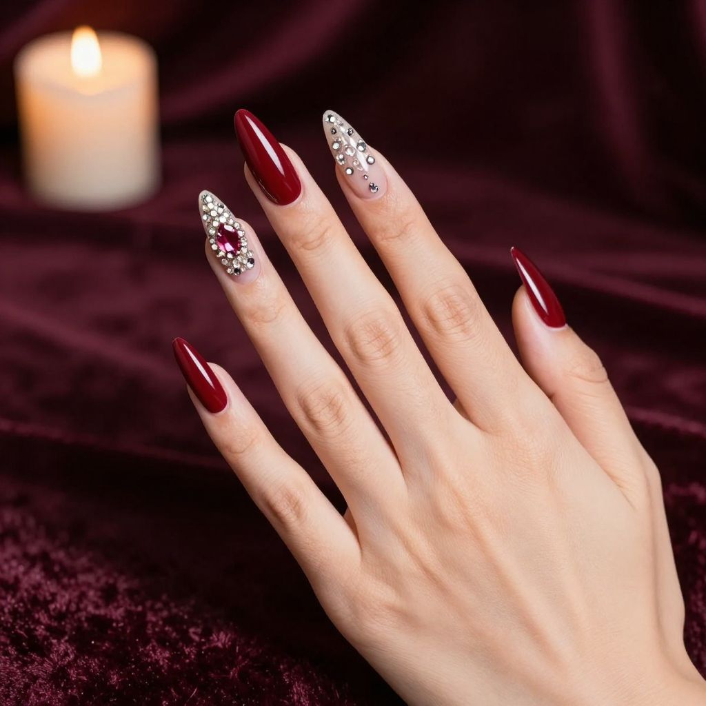 Dip Nail Designs Wine Red With Crystal Embellishments