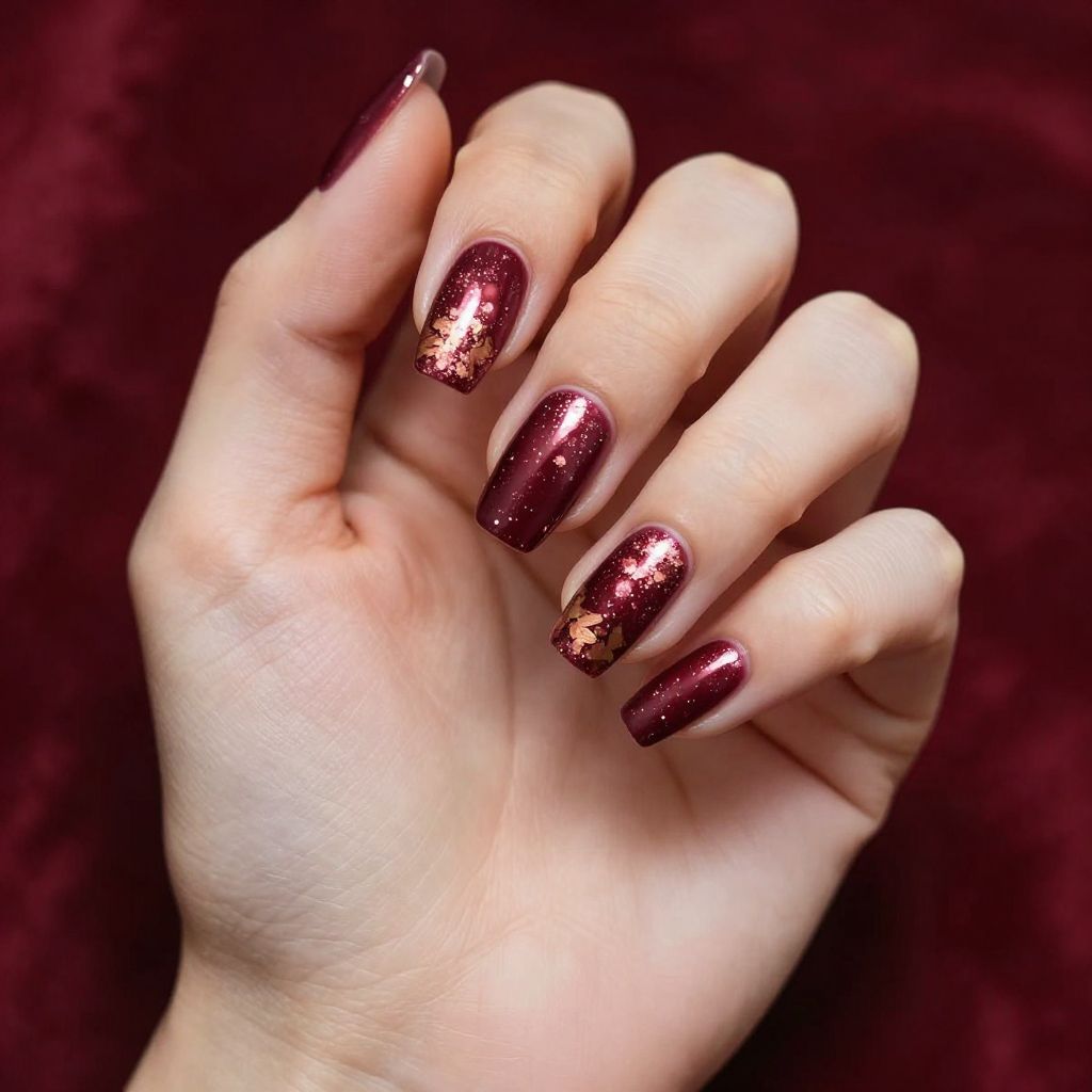 Dip Nail Designs Deep Plum with Rose Gold Foil Flakes