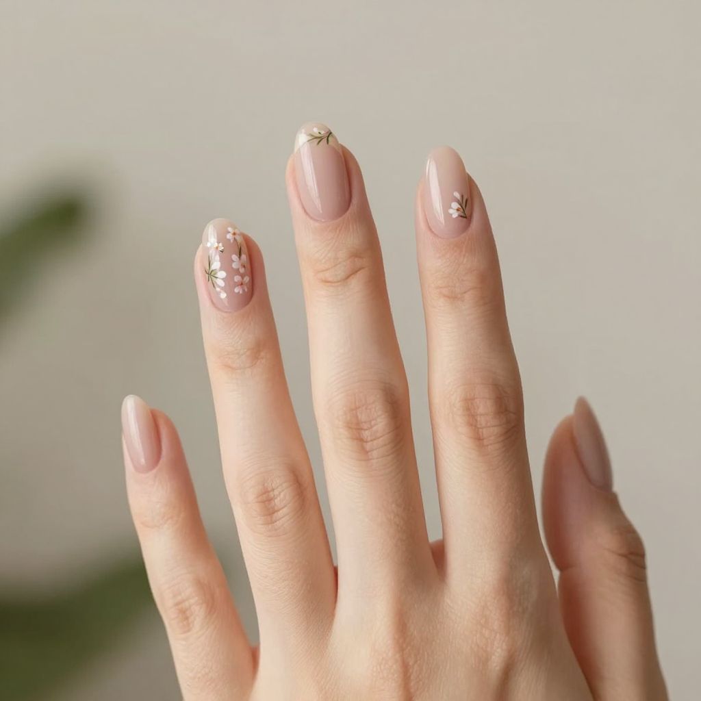 Dip Nail Designs Natural Nude with Delicate Floral Art