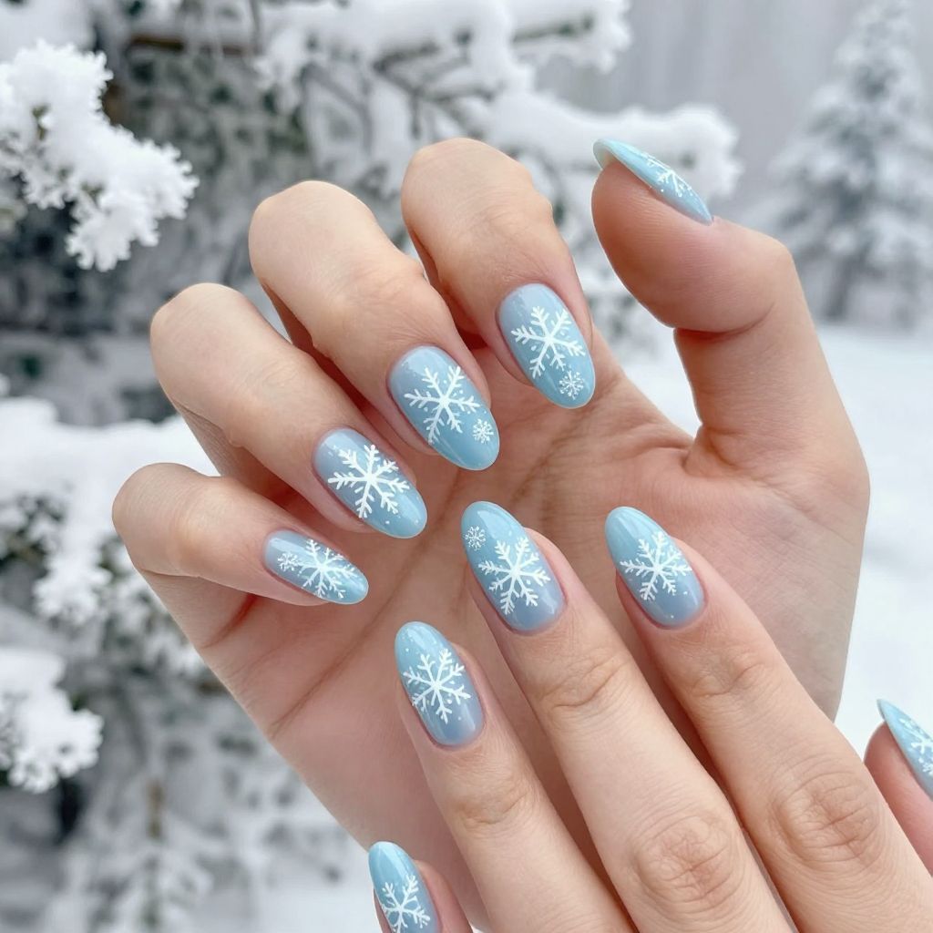 Dip Nail Designs Icy Blue with Snowflake Designs