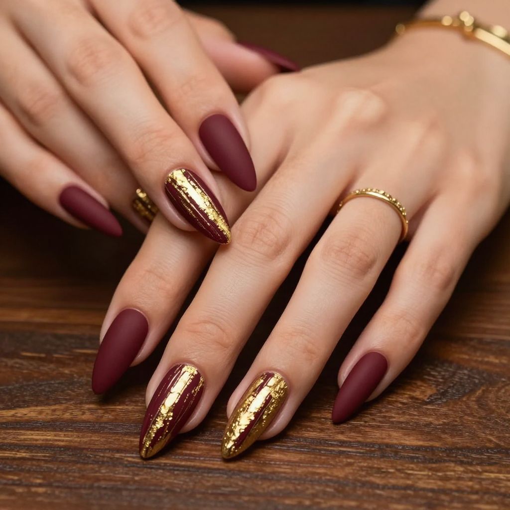 Dip Nail Designs Deep Burgundy With Gold Foil Accents