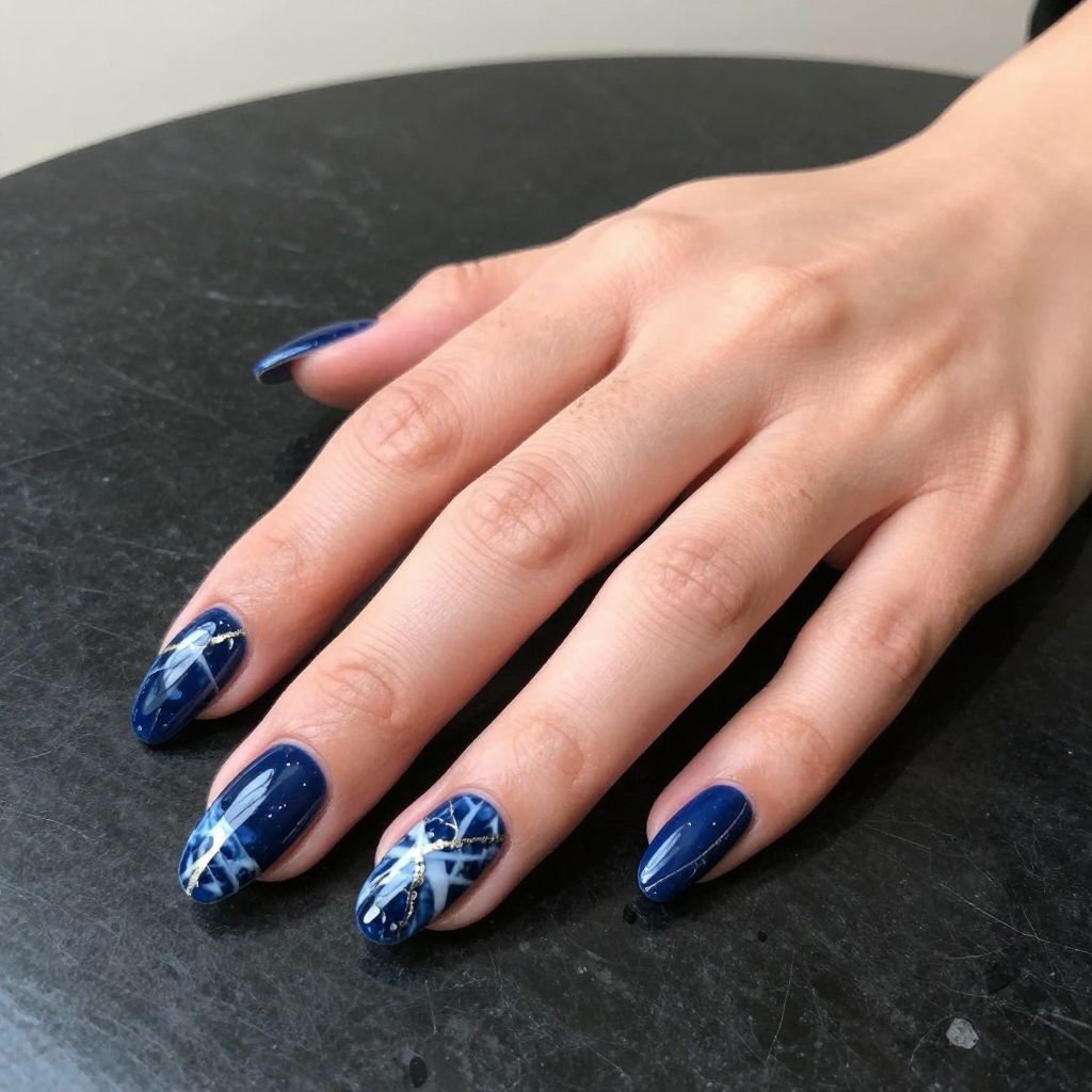 Dip Nail Designs Midnight Blue Marble Effect