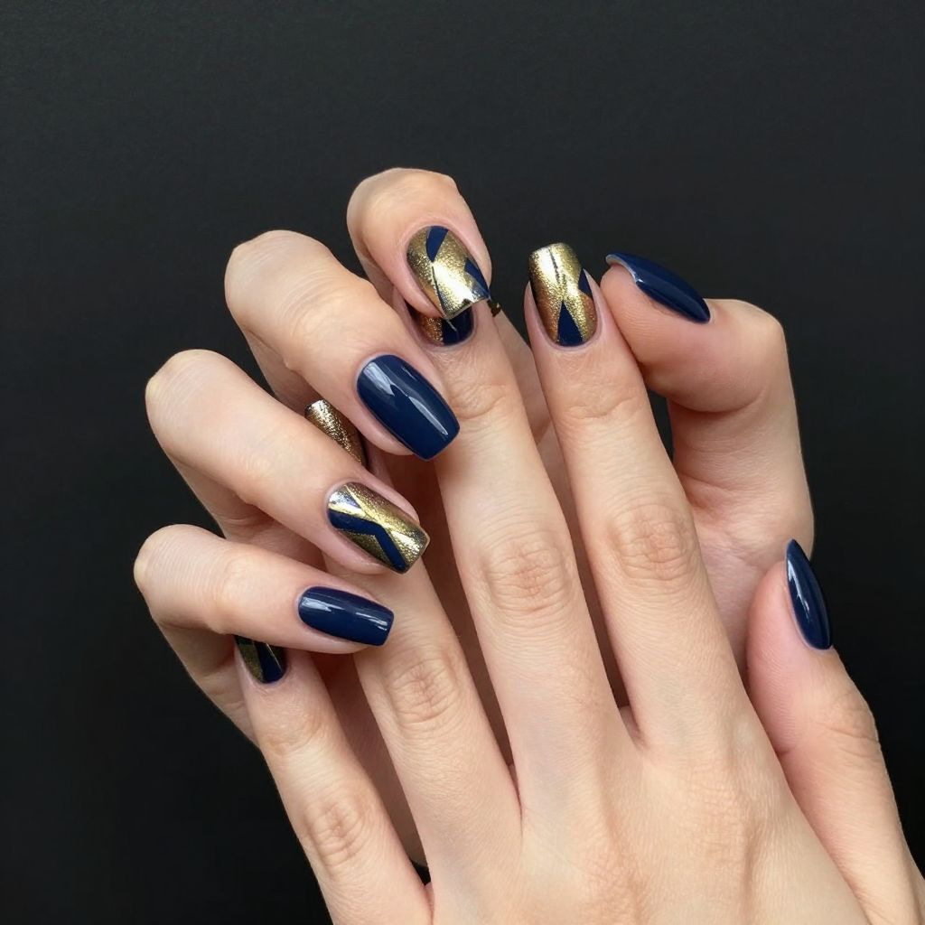 Dip Nail Designs Midnight Navy with Gold Geometric Accents