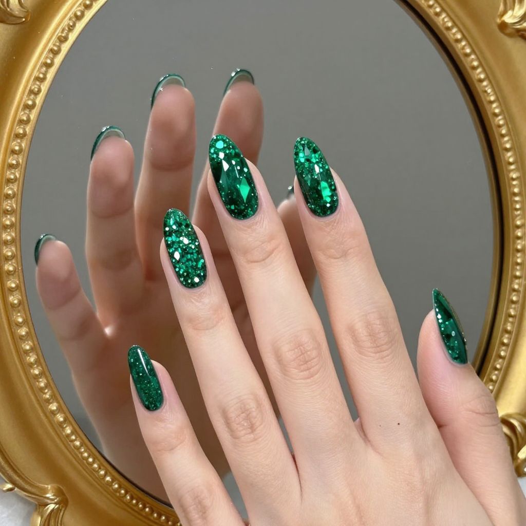 Dip Nail Designs Emerald Green with Crystal Encapsulation