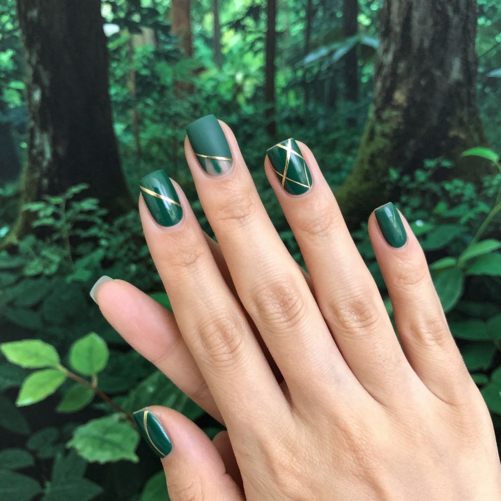 Dip Nail Designs Forest Green With Gold Geometric Lines