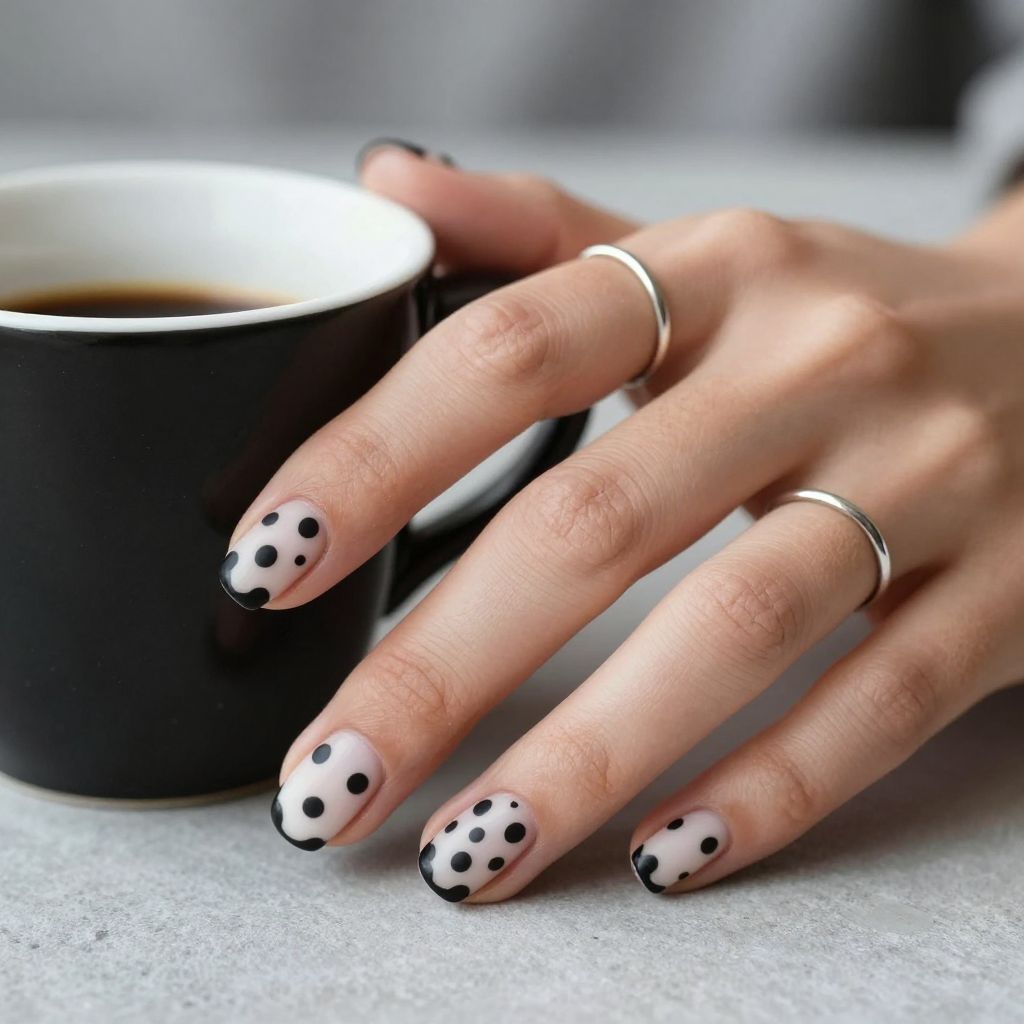 Black and white dotted dip nails