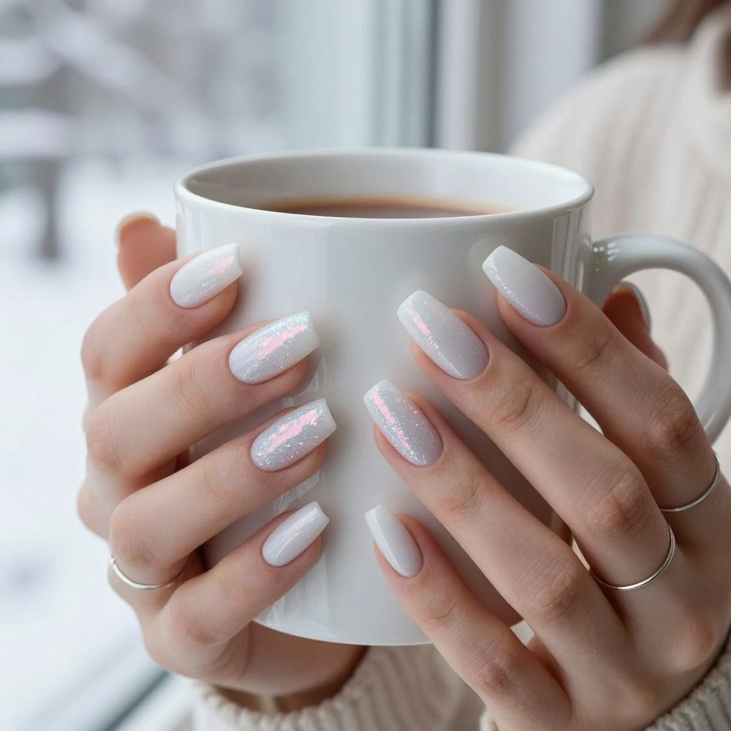 Snowy white sparkle dip nails