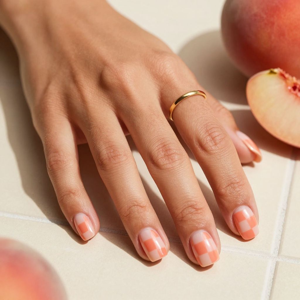 Peach checkerboard dip nails
