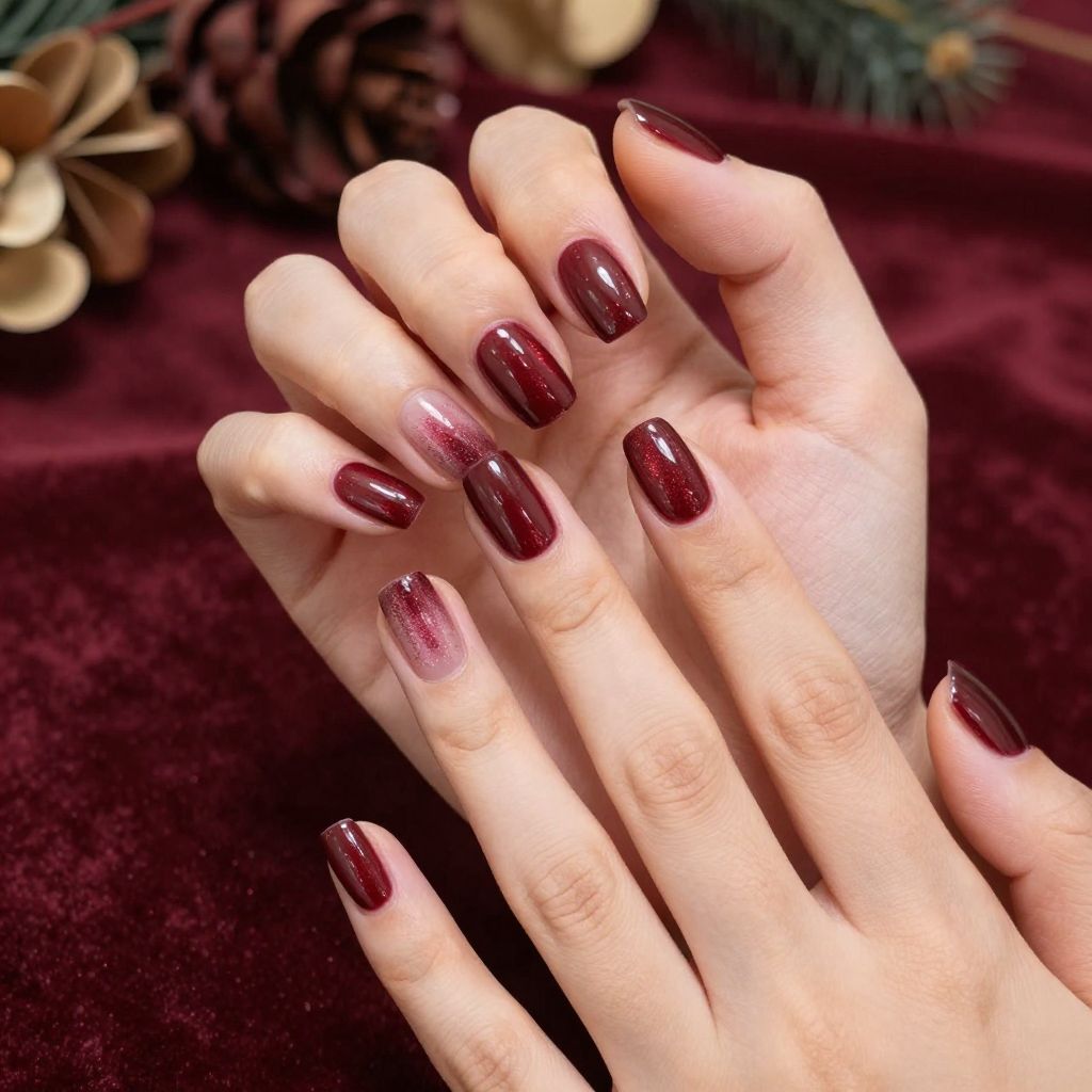 Dip Powder Nail Designs Burgundy Wine with Shimmer Top Coat