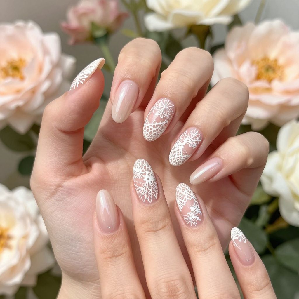 Dip Powder Nail Designs Peachy Nude with Delicate Lace Pattern