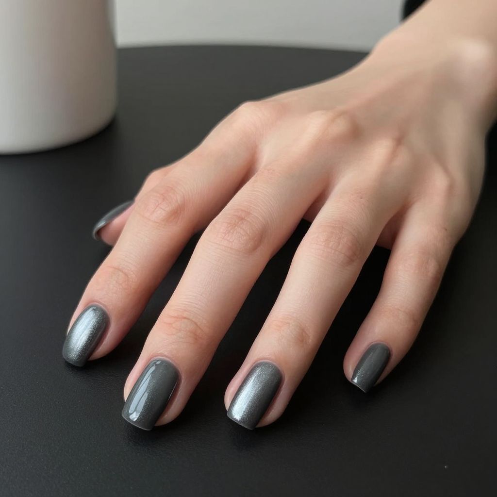 Dip Powder Nail Designs Charcoal Gray Metallic Dust Effect