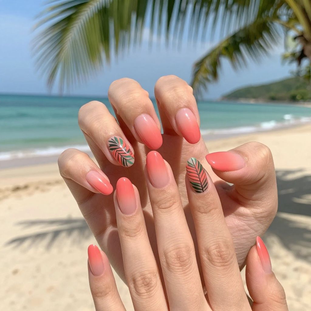 Dip Powder Nail Designs Coral Pink Ombre with Tropical Leaves