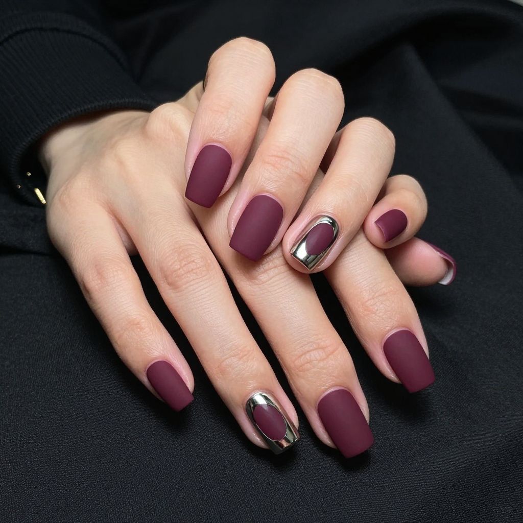 Dip Powder Nail Designs Matte Plum with Chrome Accents