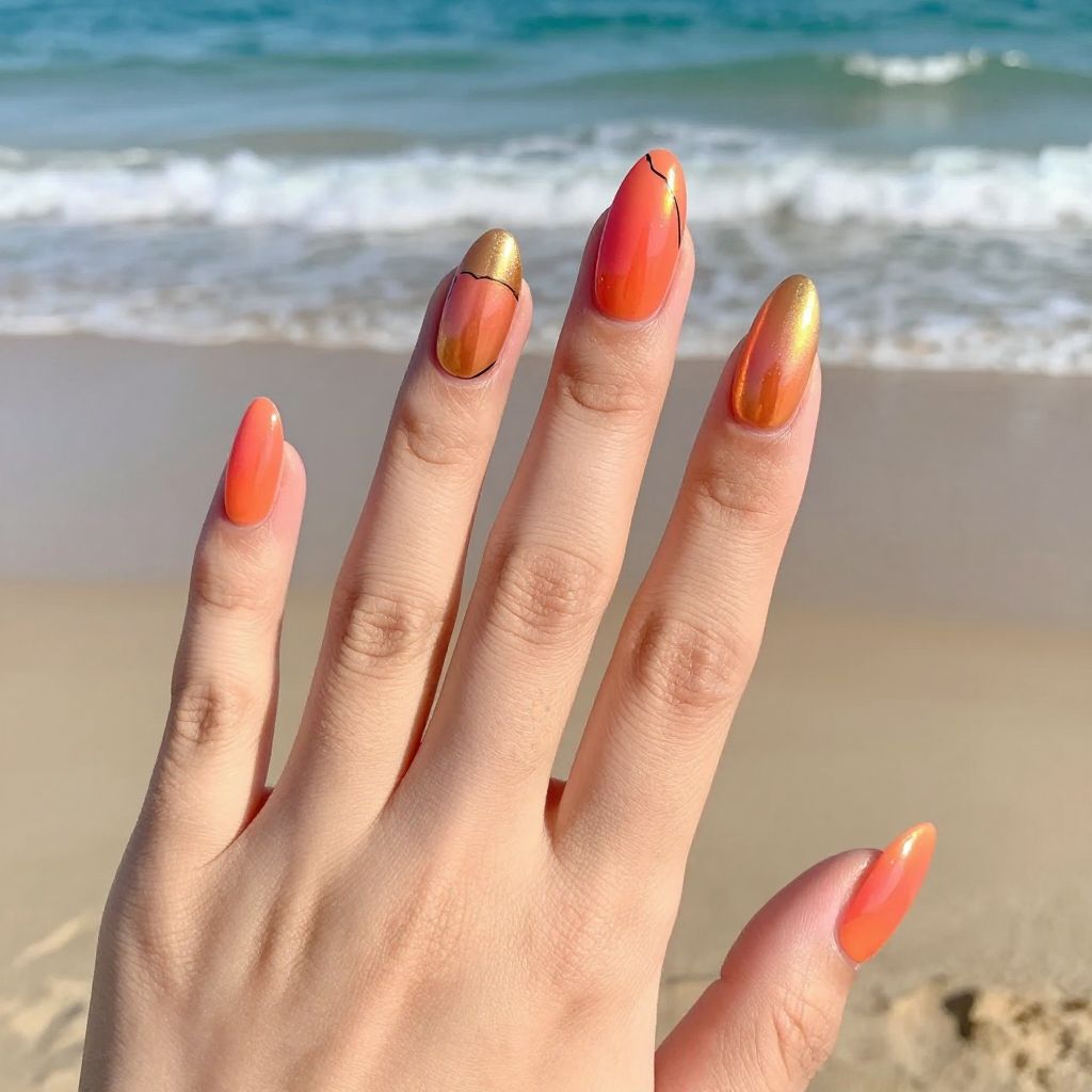 Dip Powder Nail Designs Sunset Gradient with Geometric Tips