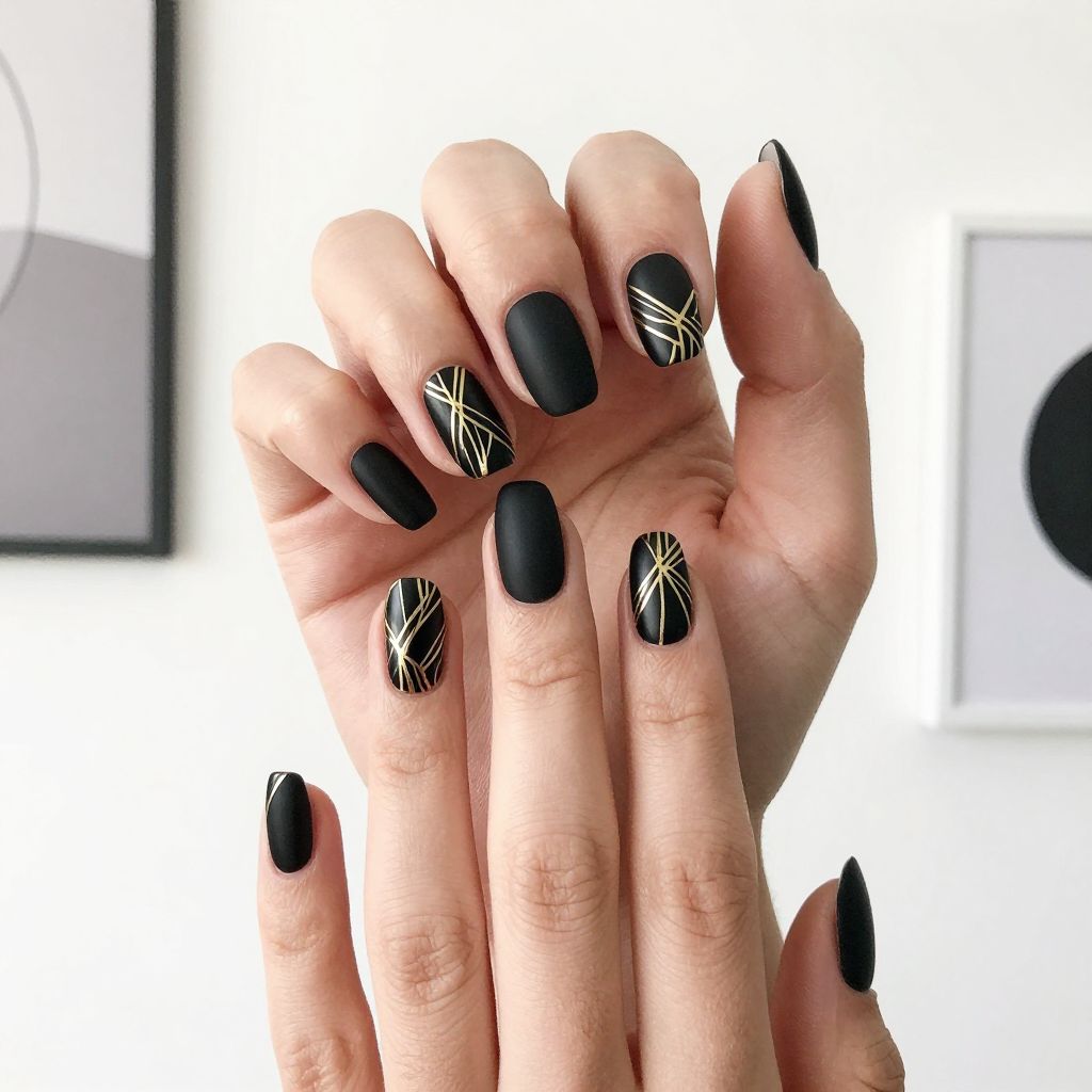 Dip Powder Nail Designs Black Matte with Gold Line Work