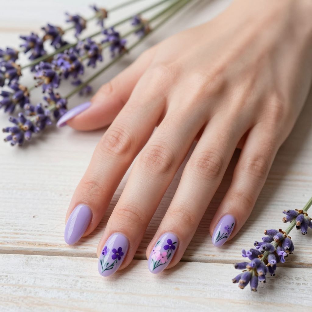 Dip Powder Nail Designs Soft Lavender with Floral Accents