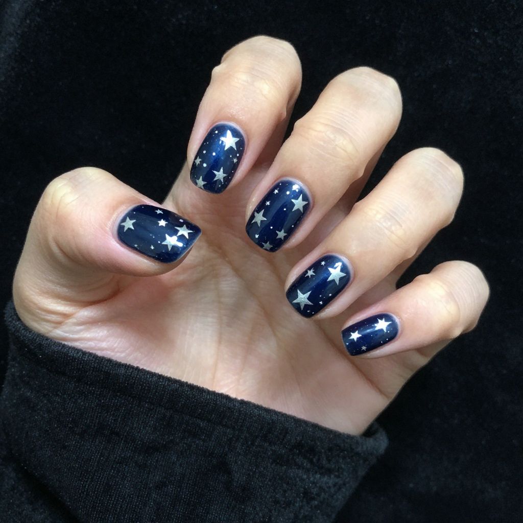 Dip Powder Nail Designs Deep Navy Blue with Silver Stars