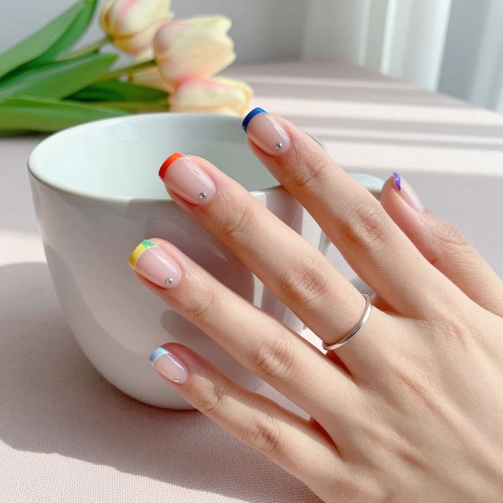 Rainbow micro French Easter nails