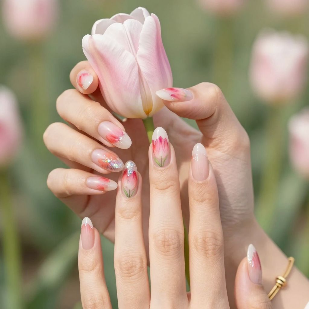 Watercolor tulip tip Easter nails