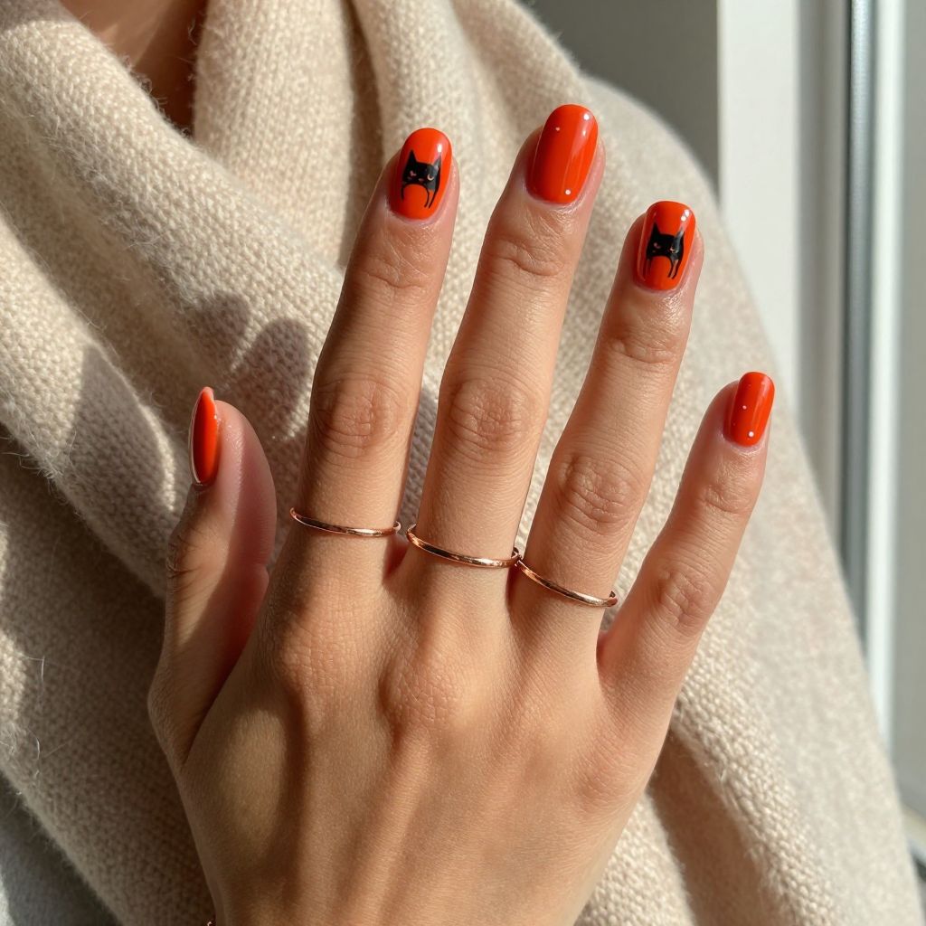 Orange Red Base with Black Cat Silhouettes